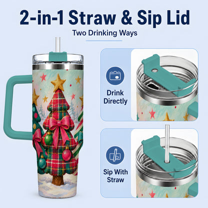 #pl[40oz|Green] Colorful Christmas Trees 40oz Tumbler, Festive Plaid Bow Design