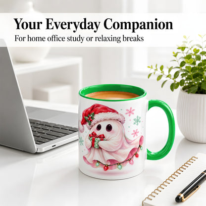 #pl[11oz|Green] Cute Christmas Ghost Accent Mug, Ceramic Cup with Holiday Artwork