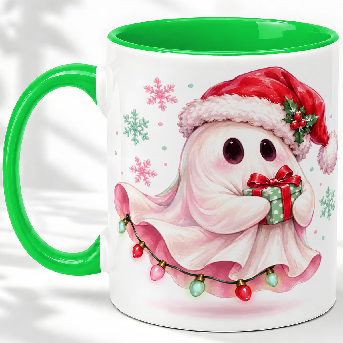 #pl[11oz|Green] Cute Christmas Ghost Accent Mug, Ceramic Cup with Holiday Artwork