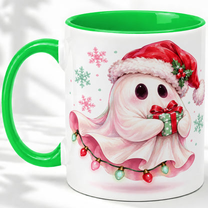 #pl[11oz|Green] Cute Christmas Ghost Accent Mug, Ceramic Cup with Holiday Artwork