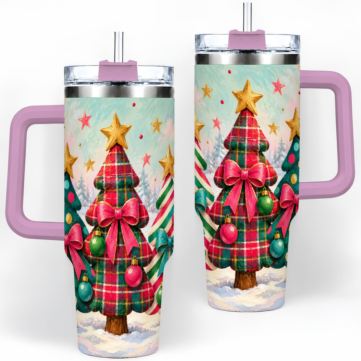 #pl[40oz|Pink] Colorful Christmas Trees 40oz Tumbler, Festive Plaid Bow Design