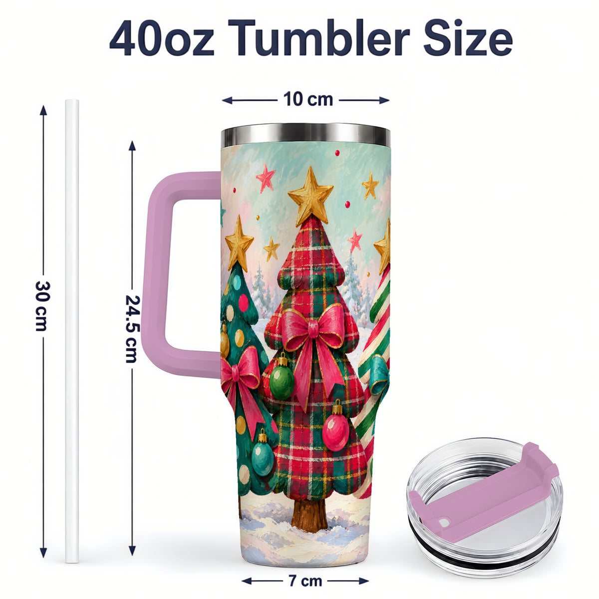 #pl[40oz|Pink] Colorful Christmas Trees 40oz Tumbler, Festive Plaid Bow Design