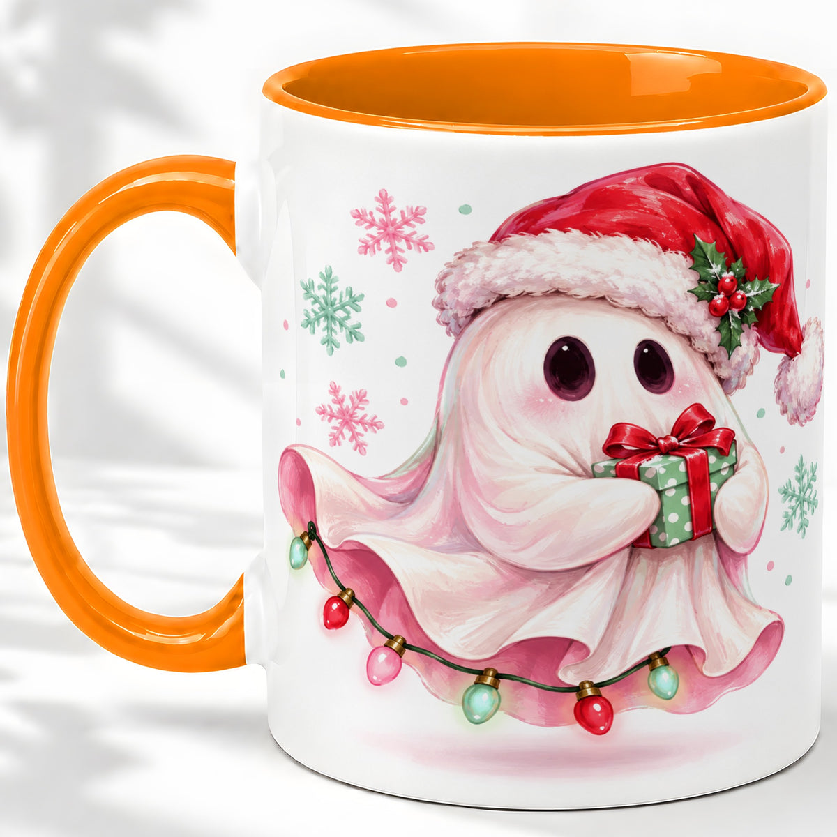 #pl[11oz|Orange] Cute Christmas Ghost Accent Mug, Ceramic Cup with Holiday Artwork