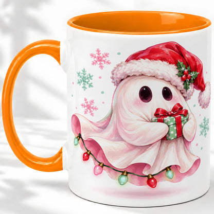 #pl[11oz|Orange] Cute Christmas Ghost Accent Mug, Ceramic Cup with Holiday Artwork