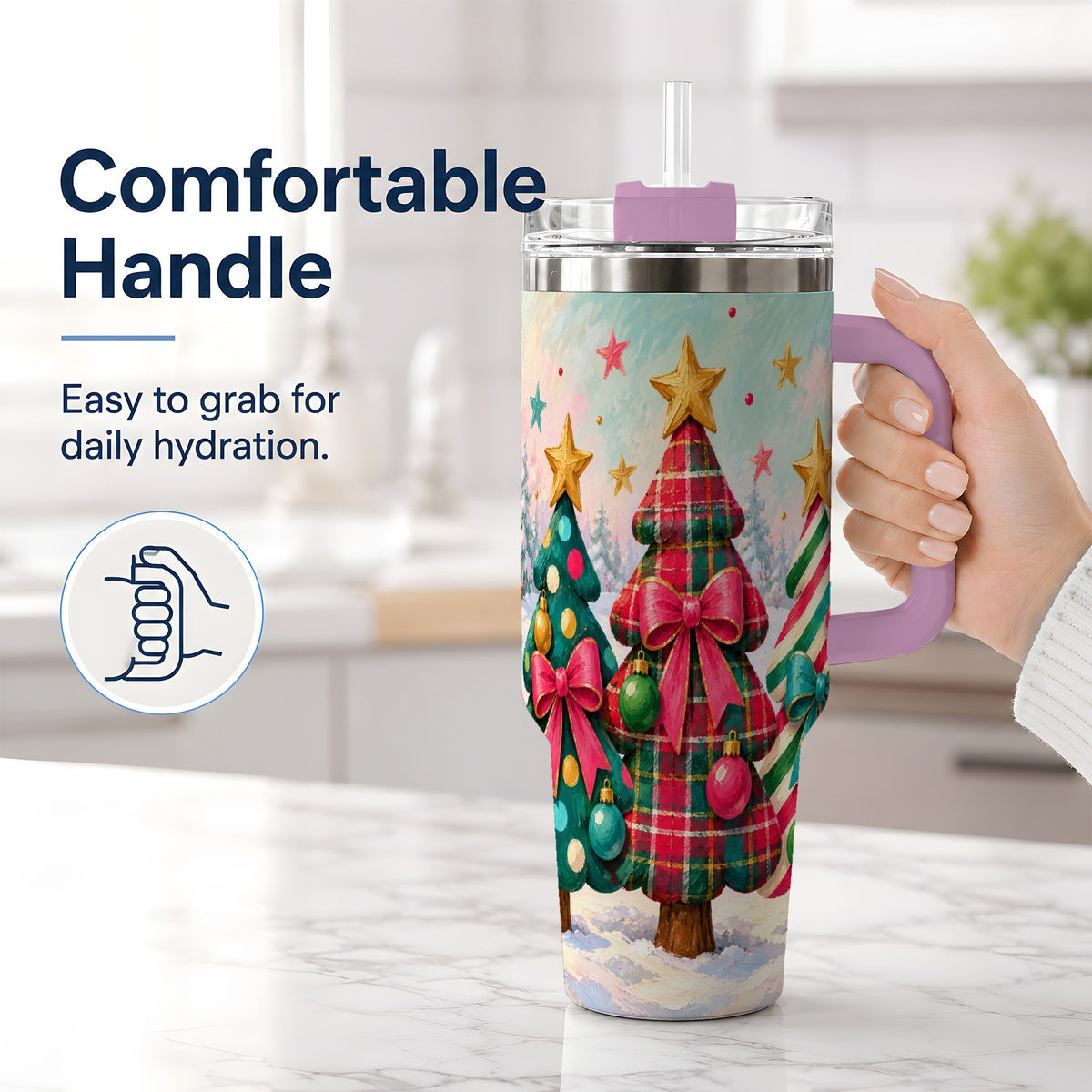 #pl[40oz|Pink] Colorful Christmas Trees 40oz Tumbler, Festive Plaid Bow Design