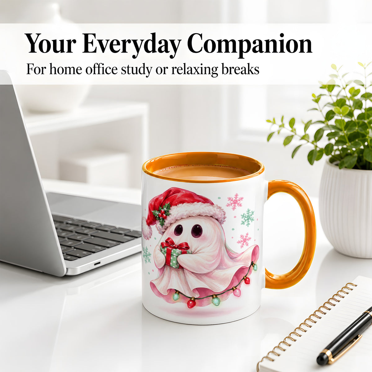 #pl[11oz|Orange] Cute Christmas Ghost Accent Mug, Ceramic Cup with Holiday Artwork