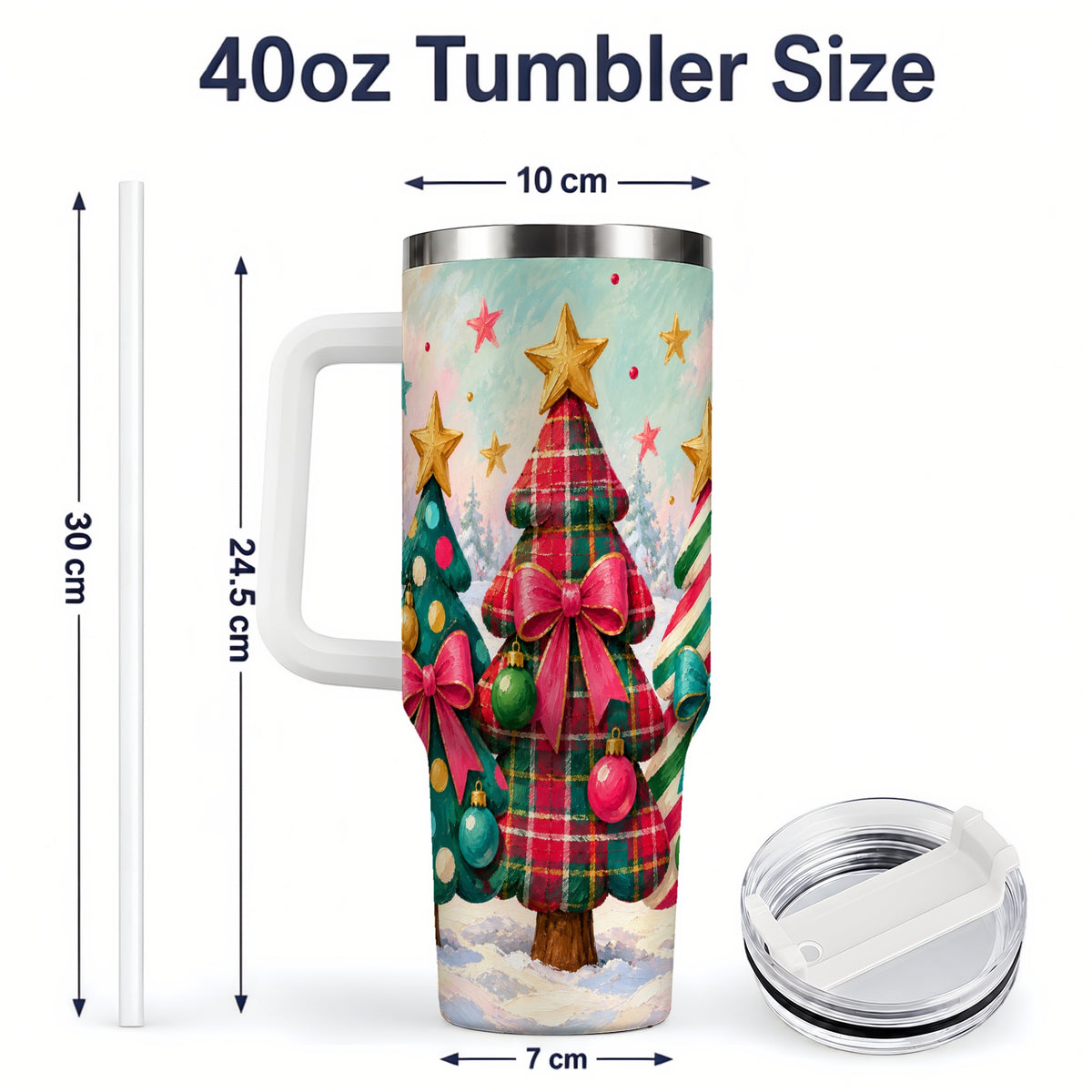 #pl[40oz|White] Colorful Christmas Trees 40oz Tumbler, Festive Plaid Bow Design