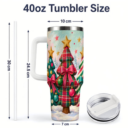 #pl[40oz|White] Colorful Christmas Trees 40oz Tumbler, Festive Plaid Bow Design