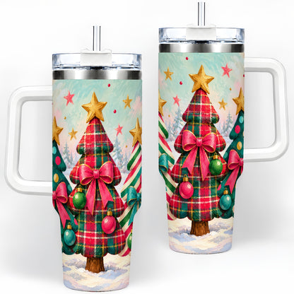 Colorful Christmas Trees 40oz Tumbler, Festive Plaid Bow Design
