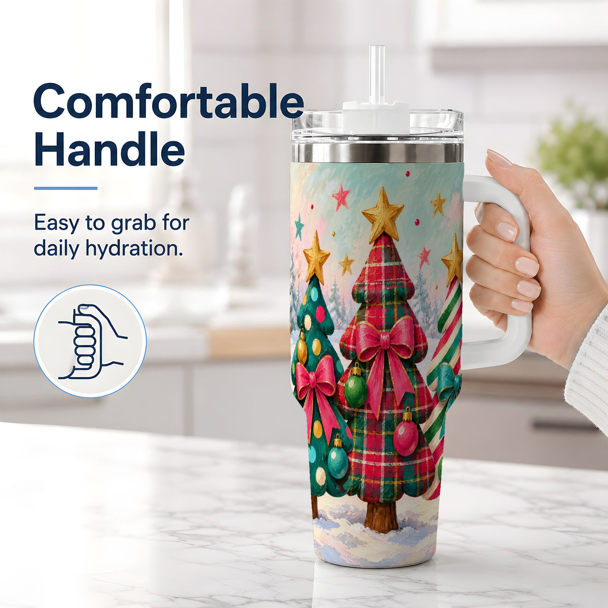 #pl[40oz|White] Colorful Christmas Trees 40oz Tumbler, Festive Plaid Bow Design