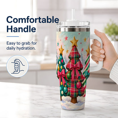 #pl[40oz|White] Colorful Christmas Trees 40oz Tumbler, Festive Plaid Bow Design