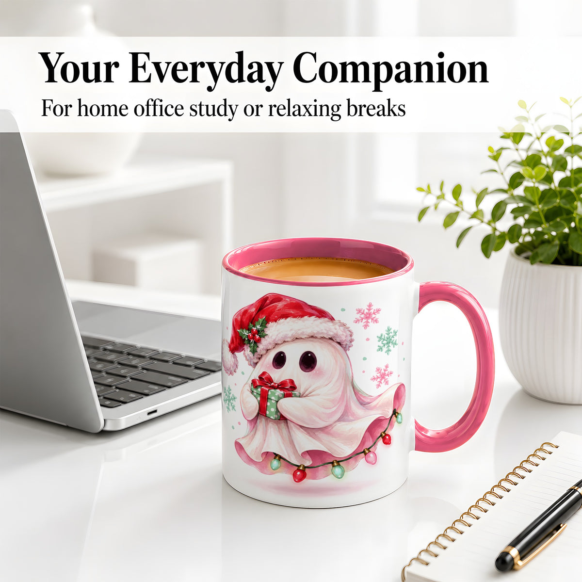 #pl[11oz|Pink] Cute Christmas Ghost Accent Mug, Ceramic Cup with Holiday Artwork