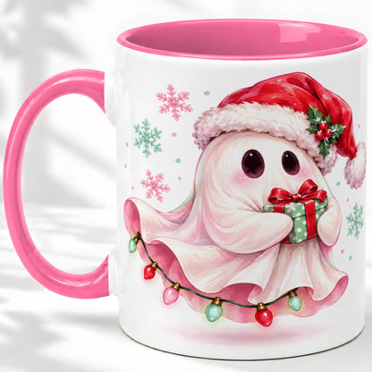 #pl[11oz|Pink] Cute Christmas Ghost Accent Mug, Ceramic Cup with Holiday Artwork