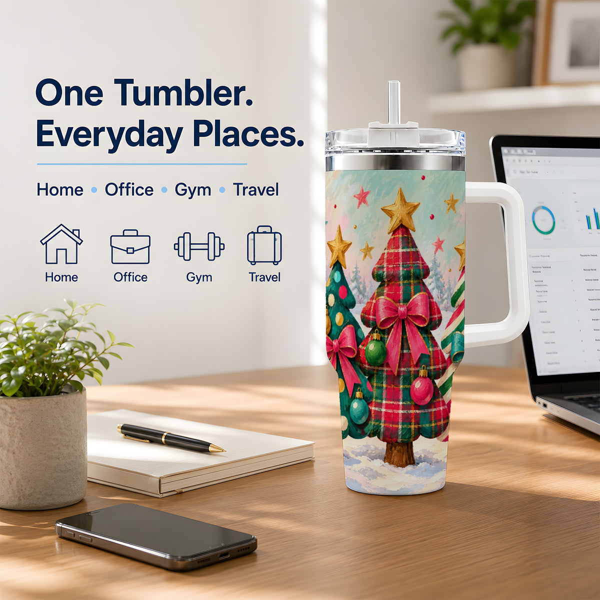 Colorful Christmas Trees 40oz Tumbler, Festive Plaid Bow Design
