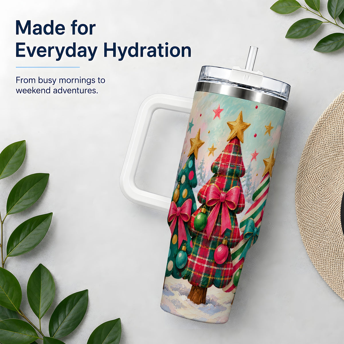 Colorful Christmas Trees 40oz Tumbler, Festive Plaid Bow Design