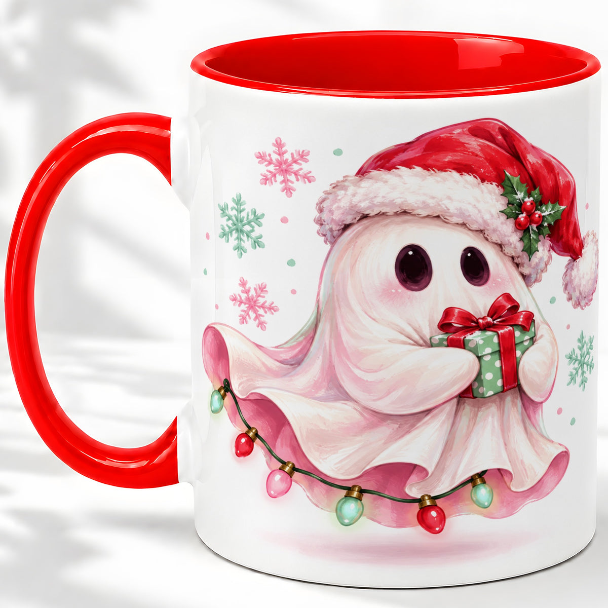 Cute Christmas Ghost Accent Mug, Ceramic Cup with Holiday Artwork