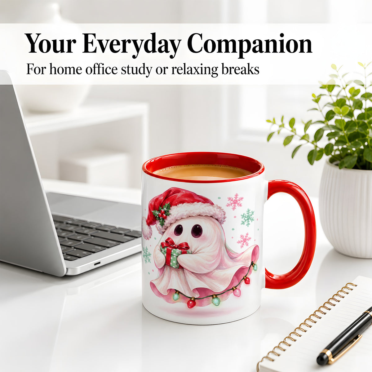#pl[11oz|Red] Cute Christmas Ghost Accent Mug, Ceramic Cup with Holiday Artwork