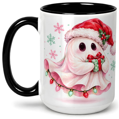 #pl[15oz|Black] Cute Christmas Ghost Accent Mug, Ceramic Cup with Holiday Artwork