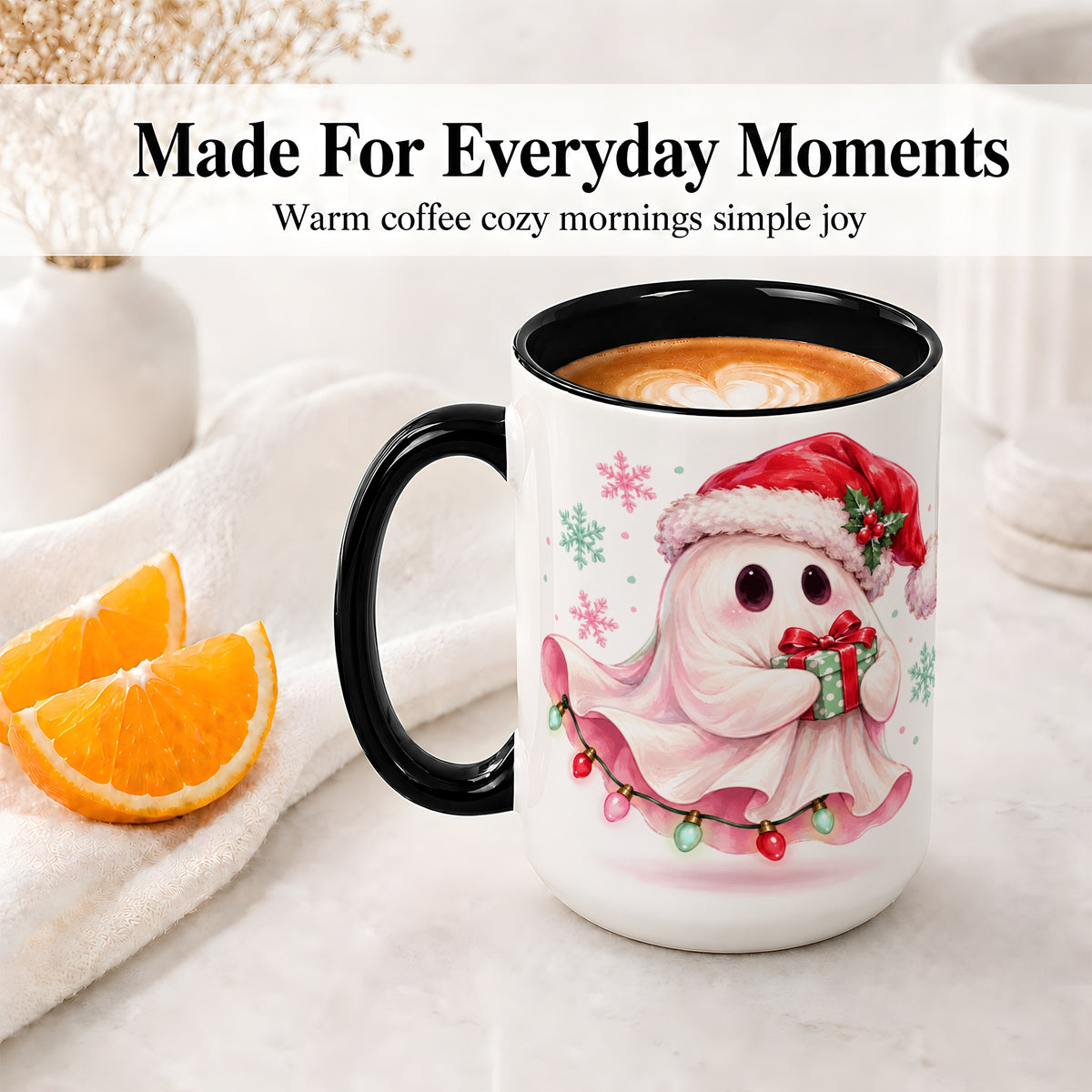 #pl[15oz|Black] Cute Christmas Ghost Accent Mug, Ceramic Cup with Holiday Artwork