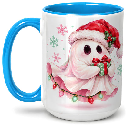 #pl[15oz|Blue] Cute Christmas Ghost Accent Mug, Ceramic Cup with Holiday Artwork
