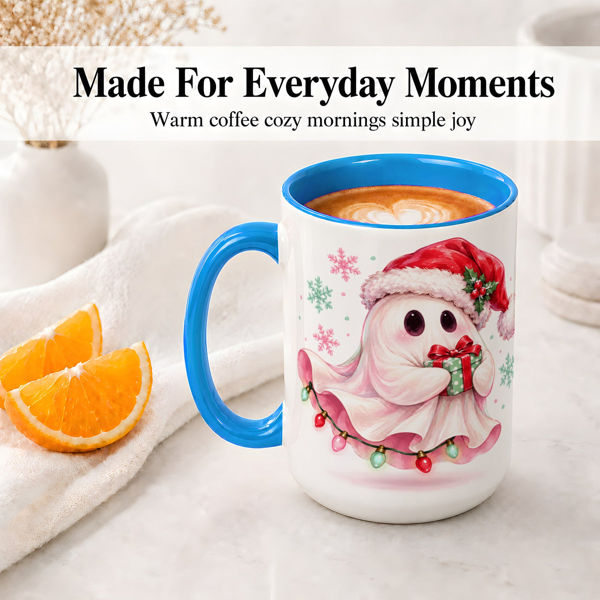 #pl[15oz|Blue] Cute Christmas Ghost Accent Mug, Ceramic Cup with Holiday Artwork
