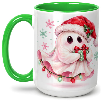 #pl[15oz|Green] Cute Christmas Ghost Accent Mug, Ceramic Cup with Holiday Artwork