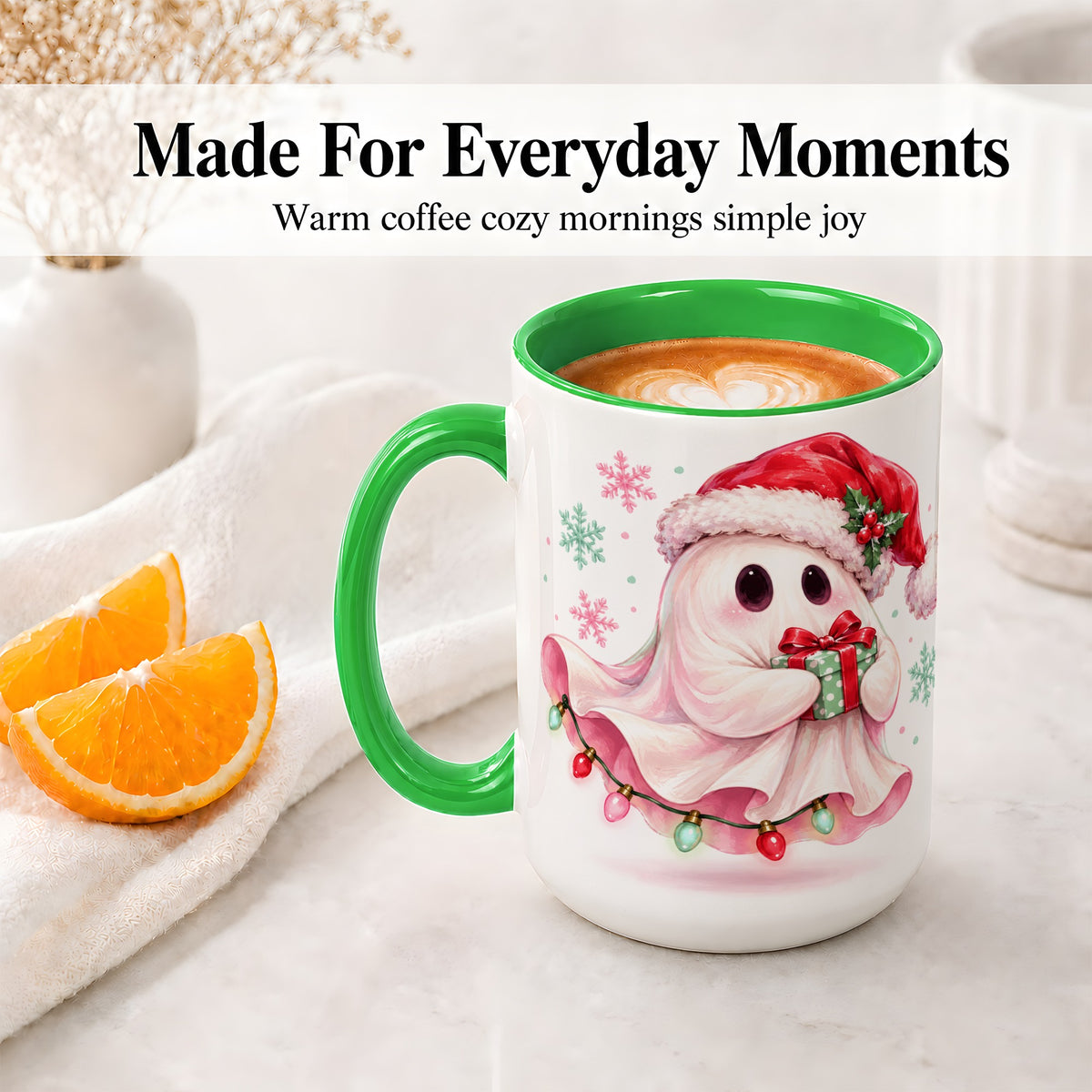 #pl[15oz|Green] Cute Christmas Ghost Accent Mug, Ceramic Cup with Holiday Artwork