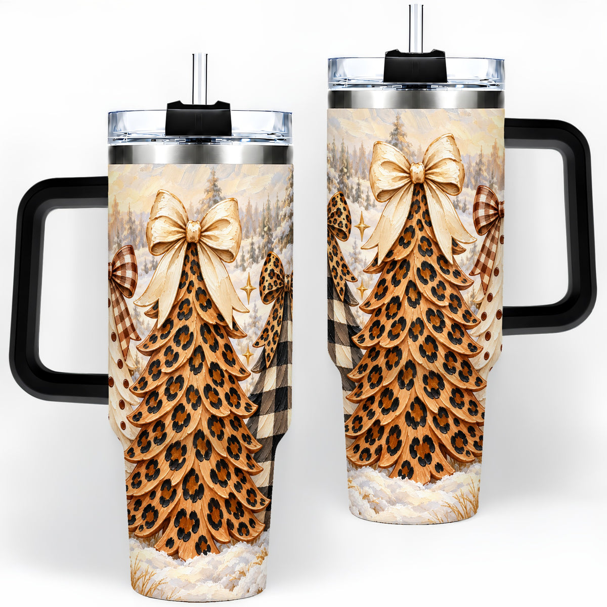 #pl[40oz|Black] Leopard Print Christmas Trees 40oz Tumbler, Buffalo Plaid Bow Art