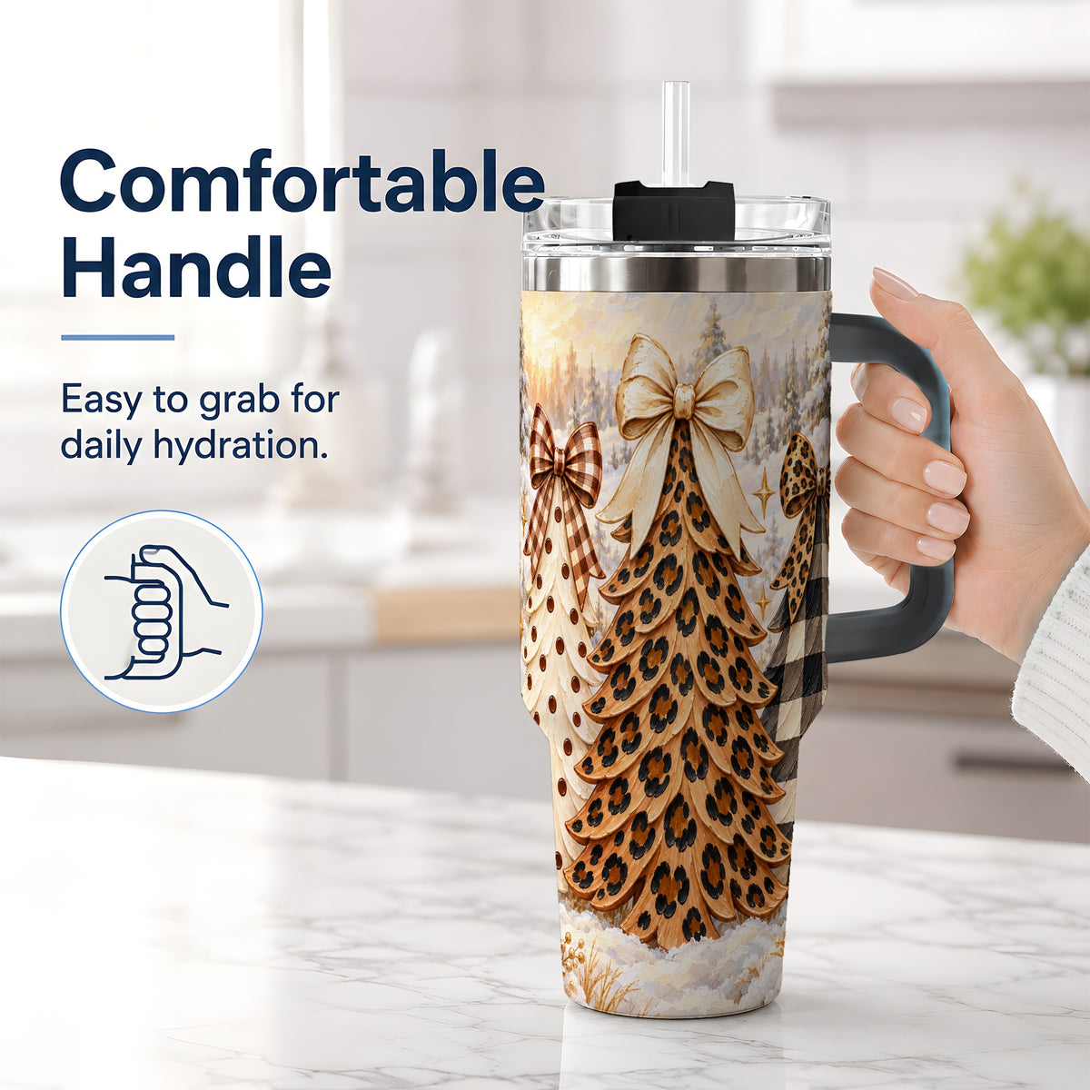 #pl[40oz|Black] Leopard Print Christmas Trees 40oz Tumbler, Buffalo Plaid Bow Art