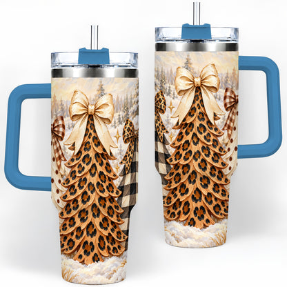 #pl[40oz|Blue] Leopard Print Christmas Trees 40oz Tumbler, Buffalo Plaid Bow Art