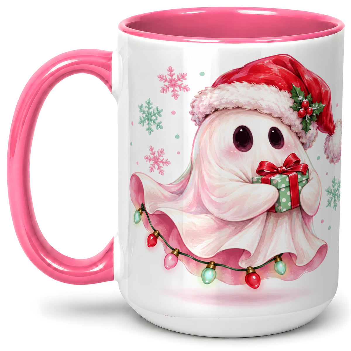 #pl[15oz|Pink] Cute Christmas Ghost Accent Mug, Ceramic Cup with Holiday Artwork