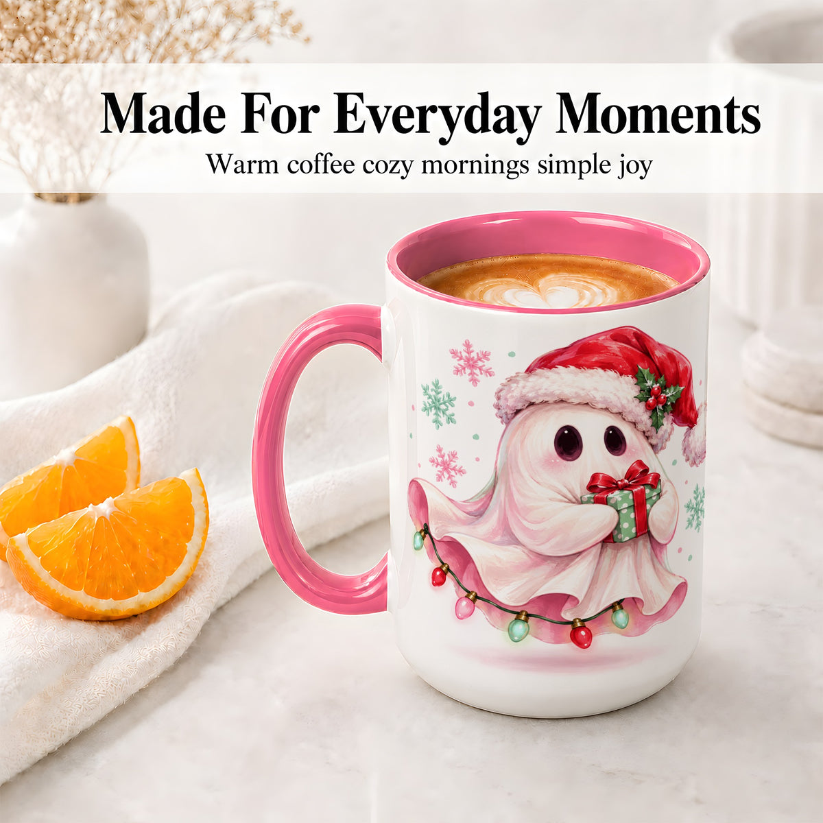 #pl[15oz|Pink] Cute Christmas Ghost Accent Mug, Ceramic Cup with Holiday Artwork