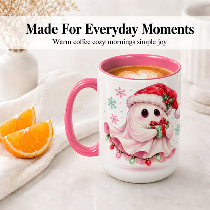 #pl[15oz|Pink] Cute Christmas Ghost Accent Mug, Ceramic Cup with Holiday Artwork