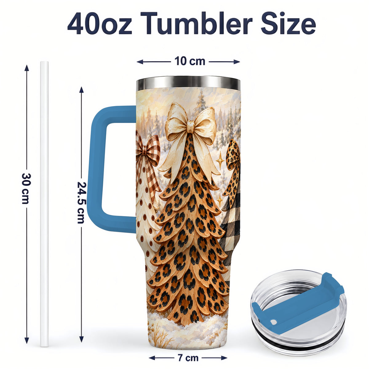 #pl[40oz|Blue] Leopard Print Christmas Trees 40oz Tumbler, Buffalo Plaid Bow Art