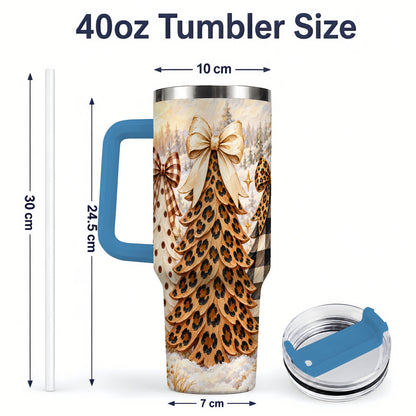 #pl[40oz|Blue] Leopard Print Christmas Trees 40oz Tumbler, Buffalo Plaid Bow Art