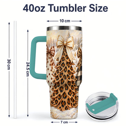 #pl[40oz|Green] Leopard Print Christmas Trees 40oz Tumbler, Buffalo Plaid Bow Art