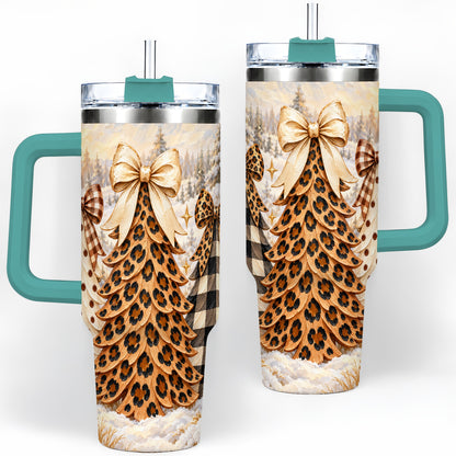 #pl[40oz|Green] Leopard Print Christmas Trees 40oz Tumbler, Buffalo Plaid Bow Art