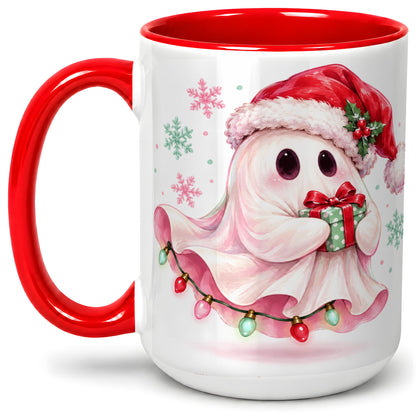 #pl[15oz|Red] Cute Christmas Ghost Accent Mug, Ceramic Cup with Holiday Artwork