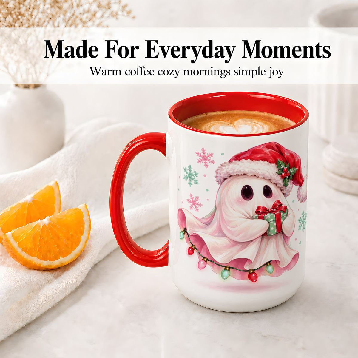 #pl[15oz|Red] Cute Christmas Ghost Accent Mug, Ceramic Cup with Holiday Artwork