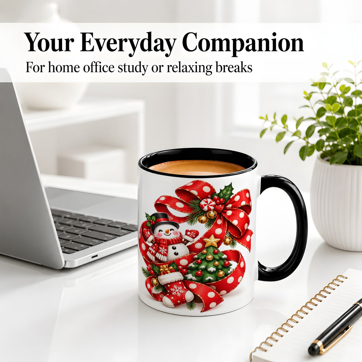 #pl[11oz|Black] Snowman Christmas Bow Accent Mug, Ceramic Cup with Festive Art