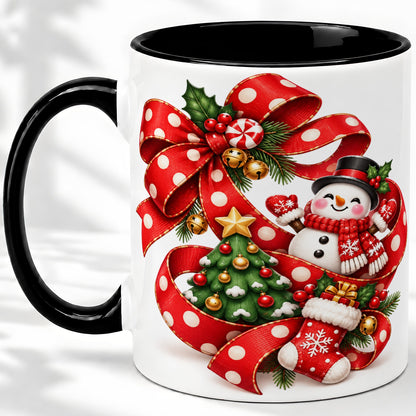 #pl[11oz|Black] Snowman Christmas Bow Accent Mug, Ceramic Cup with Festive Art