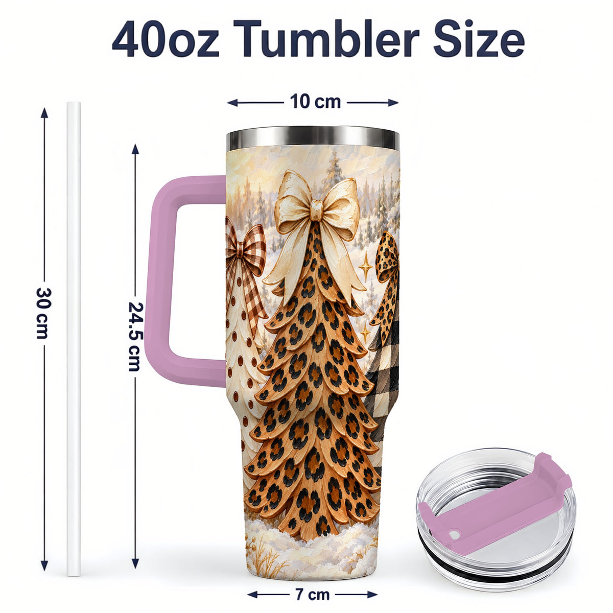 #pl[40oz|Pink] Leopard Print Christmas Trees 40oz Tumbler, Buffalo Plaid Bow Art