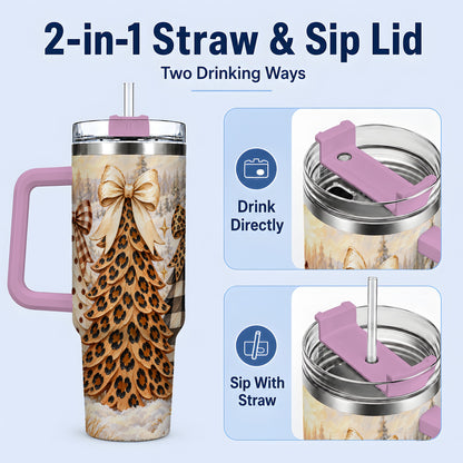 #pl[40oz|Pink] Leopard Print Christmas Trees 40oz Tumbler, Buffalo Plaid Bow Art