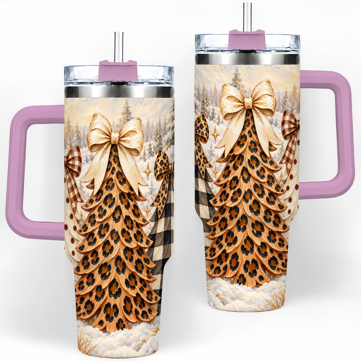 #pl[40oz|Pink] Leopard Print Christmas Trees 40oz Tumbler, Buffalo Plaid Bow Art