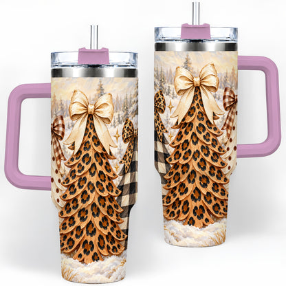 #pl[40oz|Pink] Leopard Print Christmas Trees 40oz Tumbler, Buffalo Plaid Bow Art