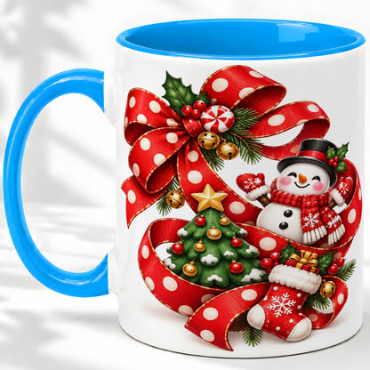 #pl[11oz|Blue] Snowman Christmas Bow Accent Mug, Ceramic Cup with Festive Art