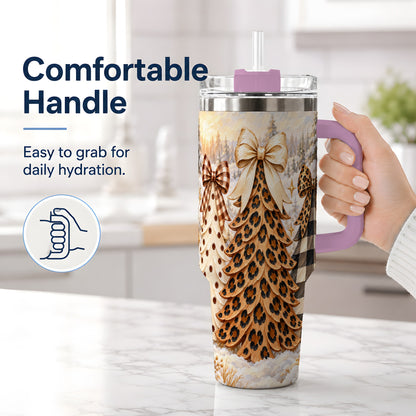 #pl[40oz|Pink] Leopard Print Christmas Trees 40oz Tumbler, Buffalo Plaid Bow Art