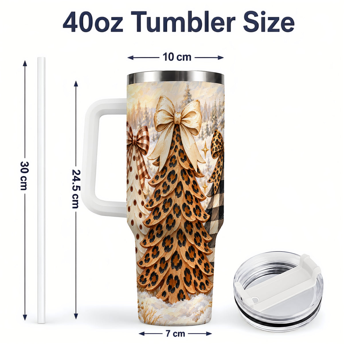 #pl[40oz|White] Leopard Print Christmas Trees 40oz Tumbler, Buffalo Plaid Bow Art
