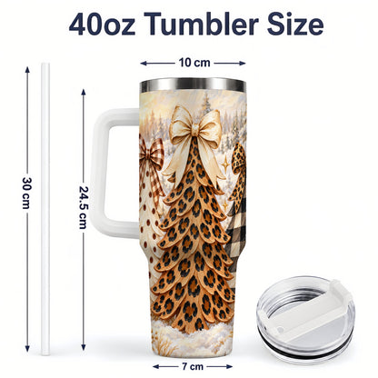#pl[40oz|White] Leopard Print Christmas Trees 40oz Tumbler, Buffalo Plaid Bow Art