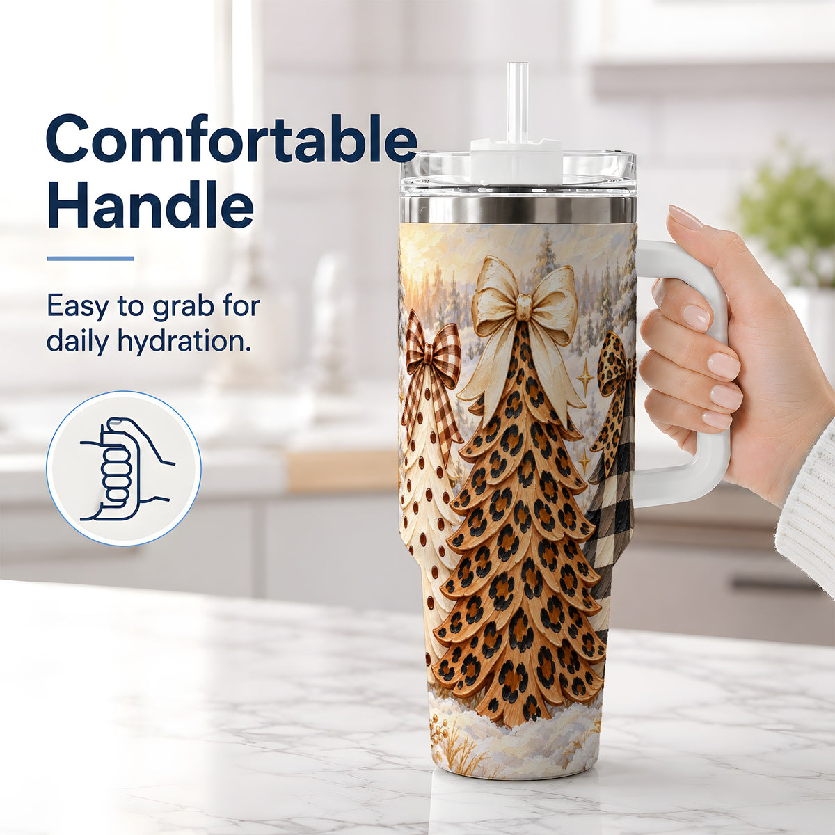 #pl[40oz|White] Leopard Print Christmas Trees 40oz Tumbler, Buffalo Plaid Bow Art